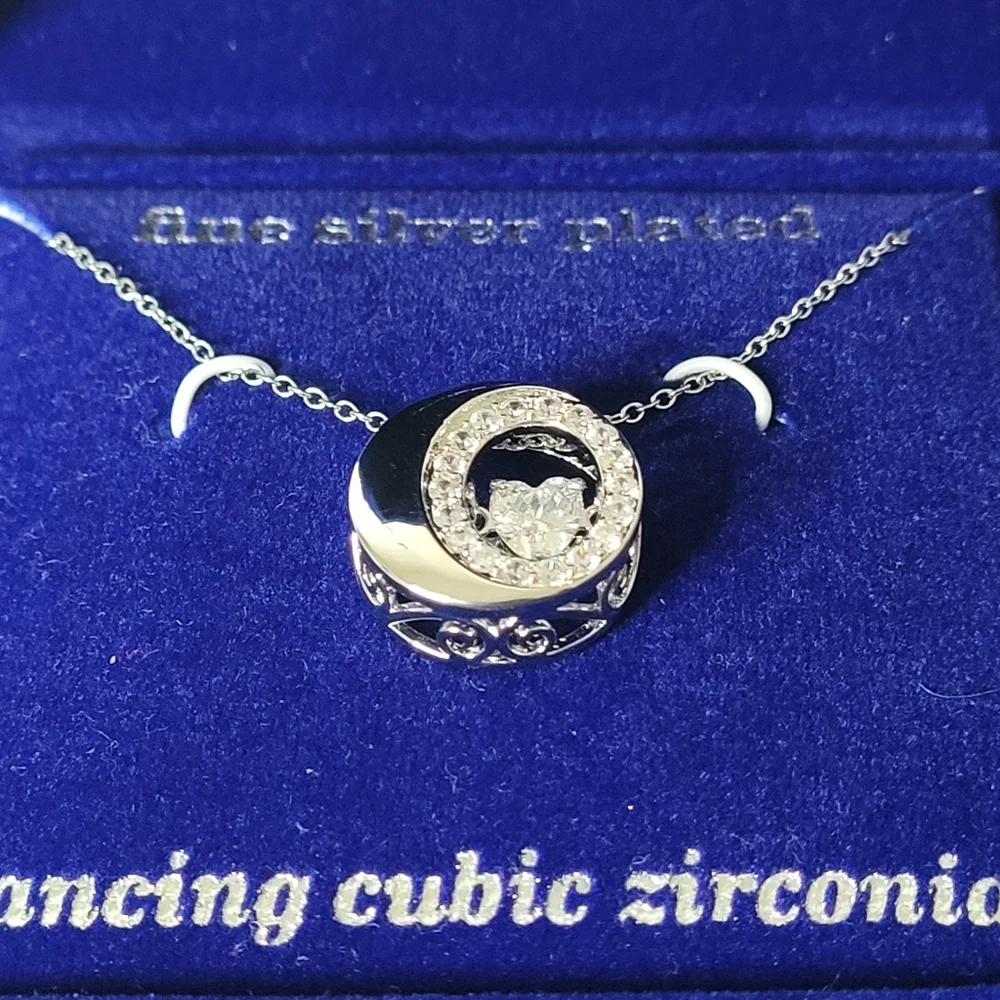 Sparkle Allure Dancing Cubic Zirconia Pure Silver Over Brass Cable Moon Necklace - Picture 3 of 8